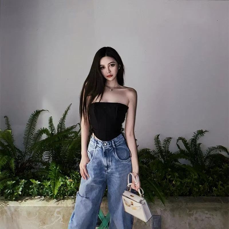 Casual Off Shoulder Strapless Sleeveless Lace Up Bustier Corset Crop Tops Mssza