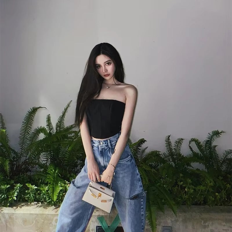Casual Off Shoulder Strapless Sleeveless Lace Up Bustier Corset Crop Tops Mssza