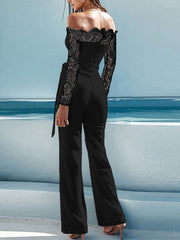 Off The Shoulder Long Sleeve Lace Flared Leg Jumpsuit Mssza