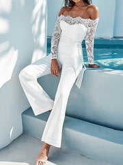 Off The Shoulder Long Sleeve Lace Flared Leg Jumpsuit Mssza
