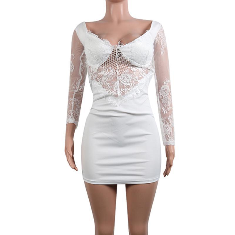Off shoulder long sleeve lace dress slim bodycon party dresses Transparent backless  dress  white black vestidos Mssaz Desses