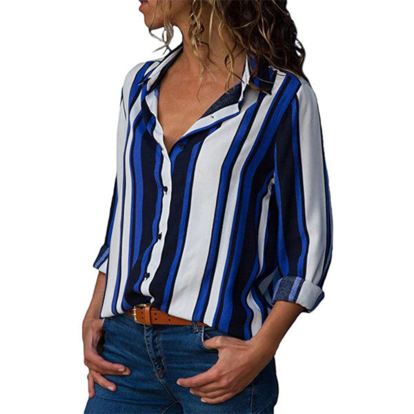 Casual Long Sleeve Turn Down Collar Striped Blouse Shirt Mssza