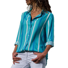 Casual Long Sleeve Turn Down Collar Striped Blouse Shirt Mssza