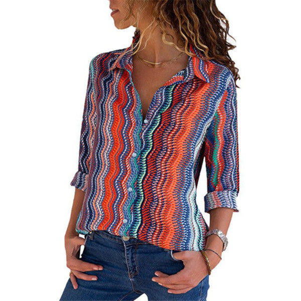 Casual Long Sleeve Turn Down Collar Striped Blouse Shirt Mssza