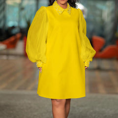 Loose Turn Down Collar Mesh Full Sleeve Straight Knee Length Elegant Business Chic Dress Mssaz Desses