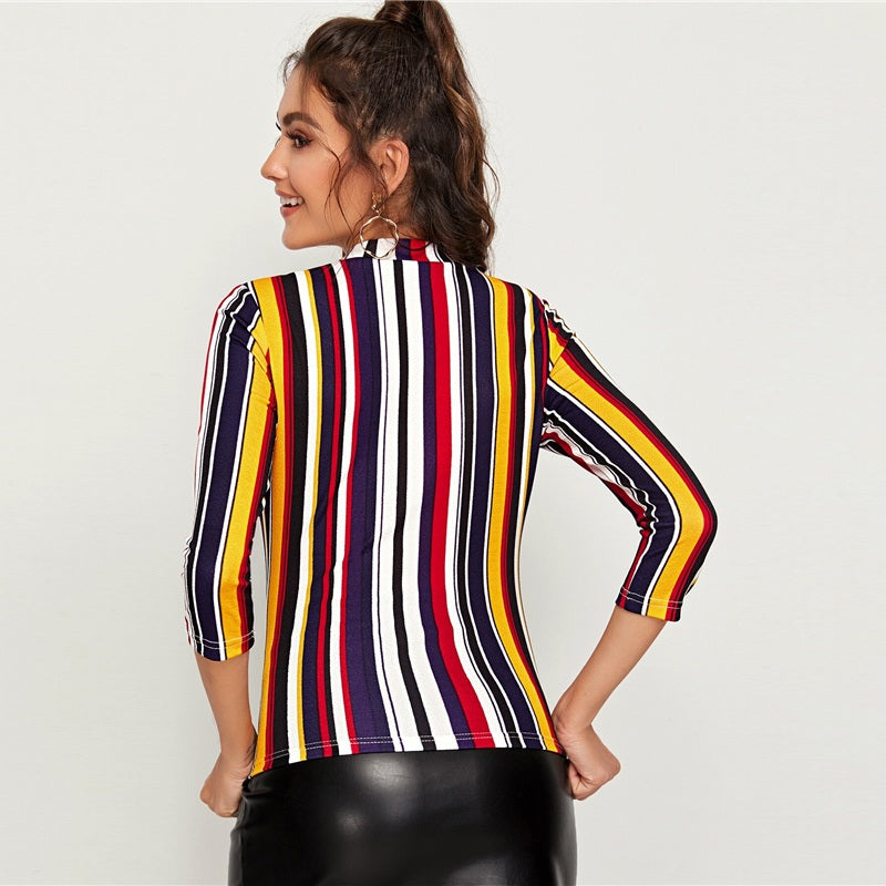 Office Lady Form Fitted Striped Top Slim T Shirt Mssza