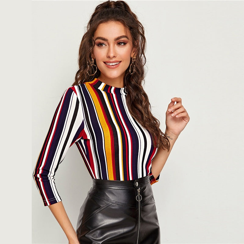 Office Lady Form Fitted Striped Top Slim T Shirt Mssza