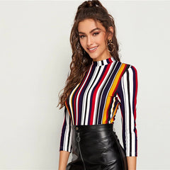 Office Lady Form Fitted Striped Top Slim T Shirt Mssza