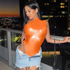 One Shoulder Backless Bodysuit Top Bright Body Playsuit Night Club Festival Outfit Mssza