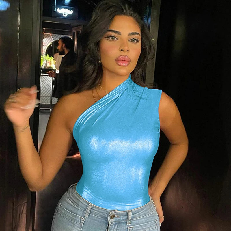 One Shoulder Backless Bodysuit Top Bright Body Playsuit Night Club Festival Outfit Mssza