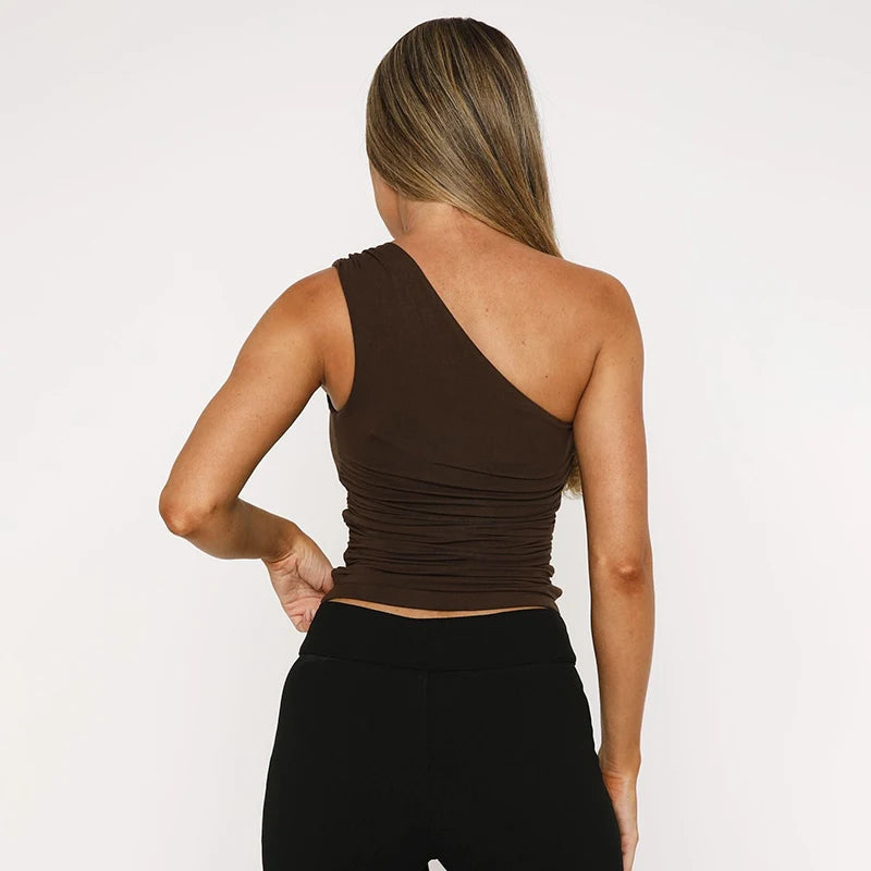 Casual One-Shoulder Bead Link Ruched Street Tank Tops Mssza