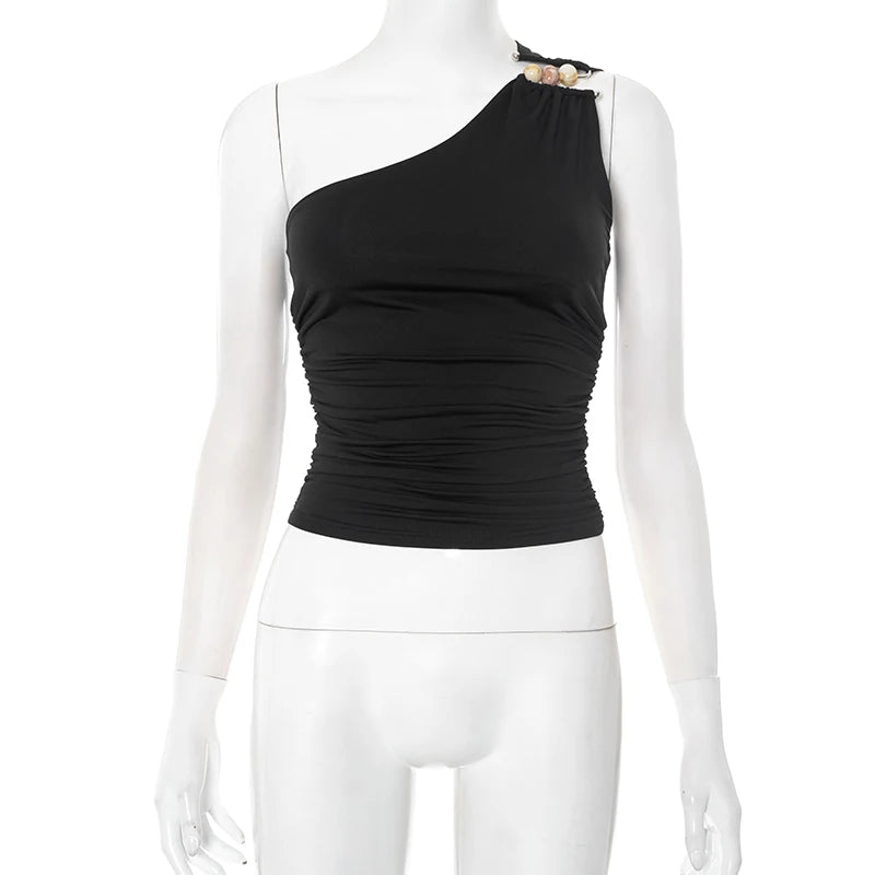 Casual One-Shoulder Bead Link Ruched Street Tank Tops Mssza