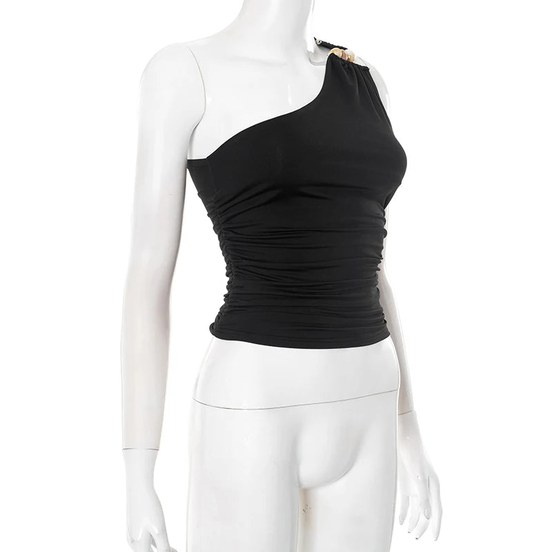 Casual One-Shoulder Bead Link Ruched Street Tank Tops Mssza