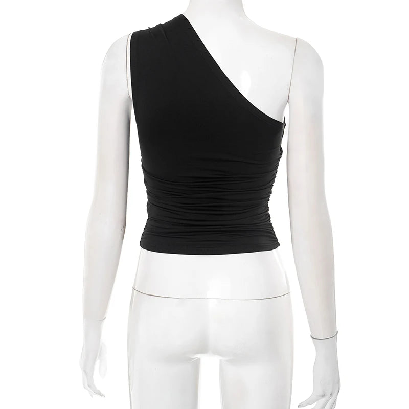 Casual One-Shoulder Bead Link Ruched Street Tank Tops Mssza