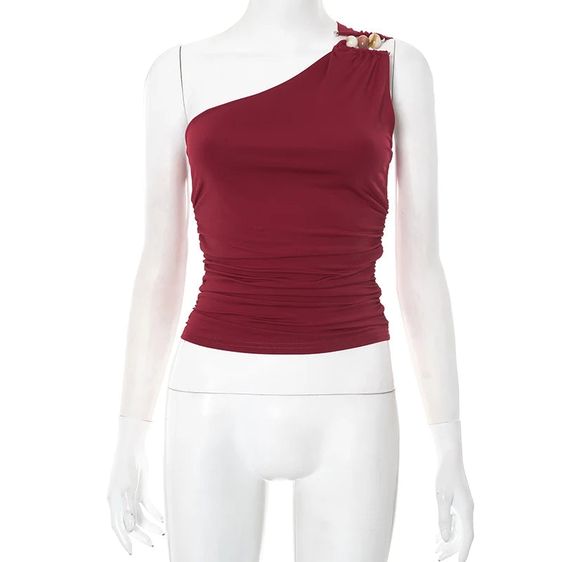 Casual One-Shoulder Bead Link Ruched Street Tank Tops Mssza