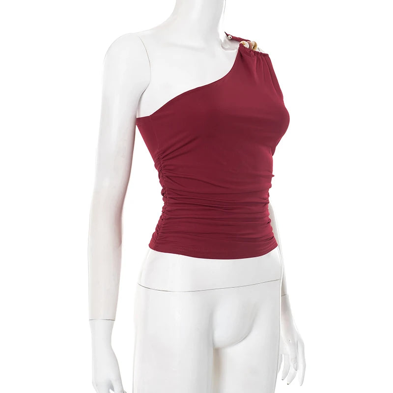Casual One-Shoulder Bead Link Ruched Street Tank Tops Mssza