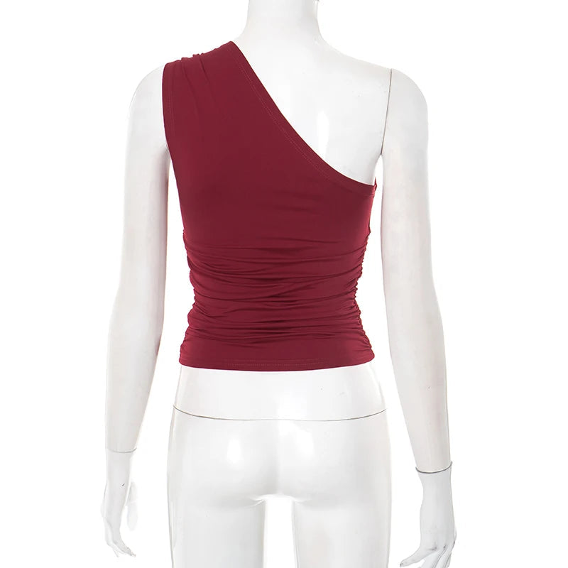 Casual One-Shoulder Bead Link Ruched Street Tank Tops Mssza