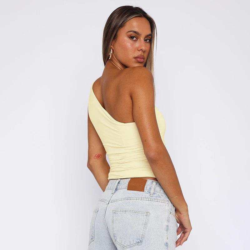 Casual One-Shoulder Bead Link Ruched Street Tank Tops Mssza