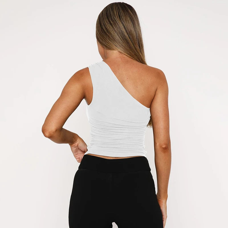 Casual One-Shoulder Bead Link Ruched Street Tank Tops Mssza