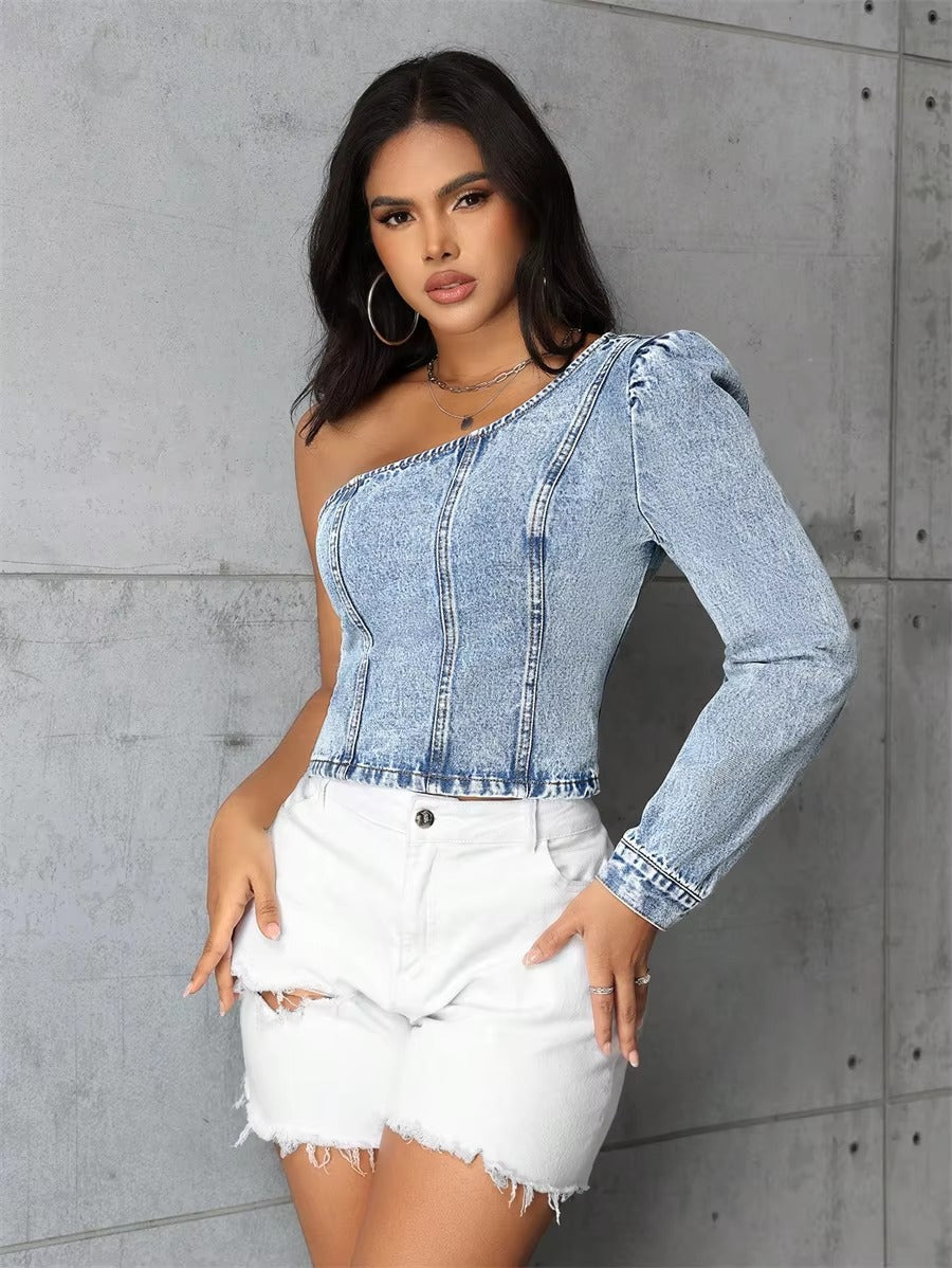 One Shoulder Long Sleeve Streetwear Party Side Zipper Jean Crop Denim Blouses Top Mssza