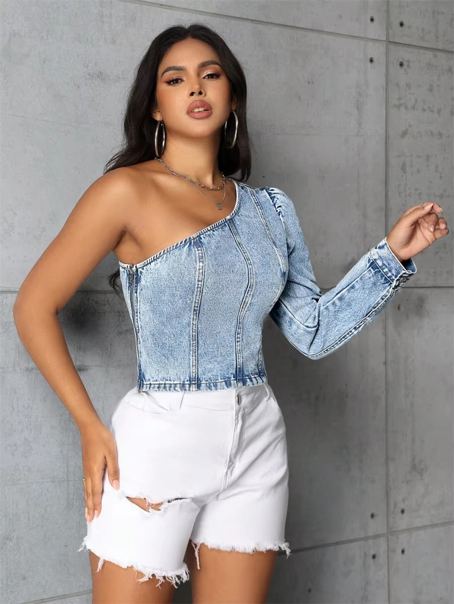 One Shoulder Long Sleeve Streetwear Party Side Zipper Jean Crop Denim Blouses Top Mssza