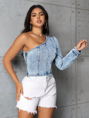 One Shoulder Long Sleeve Streetwear Party Side Zipper Jean Crop Denim Blouses Top Mssza
