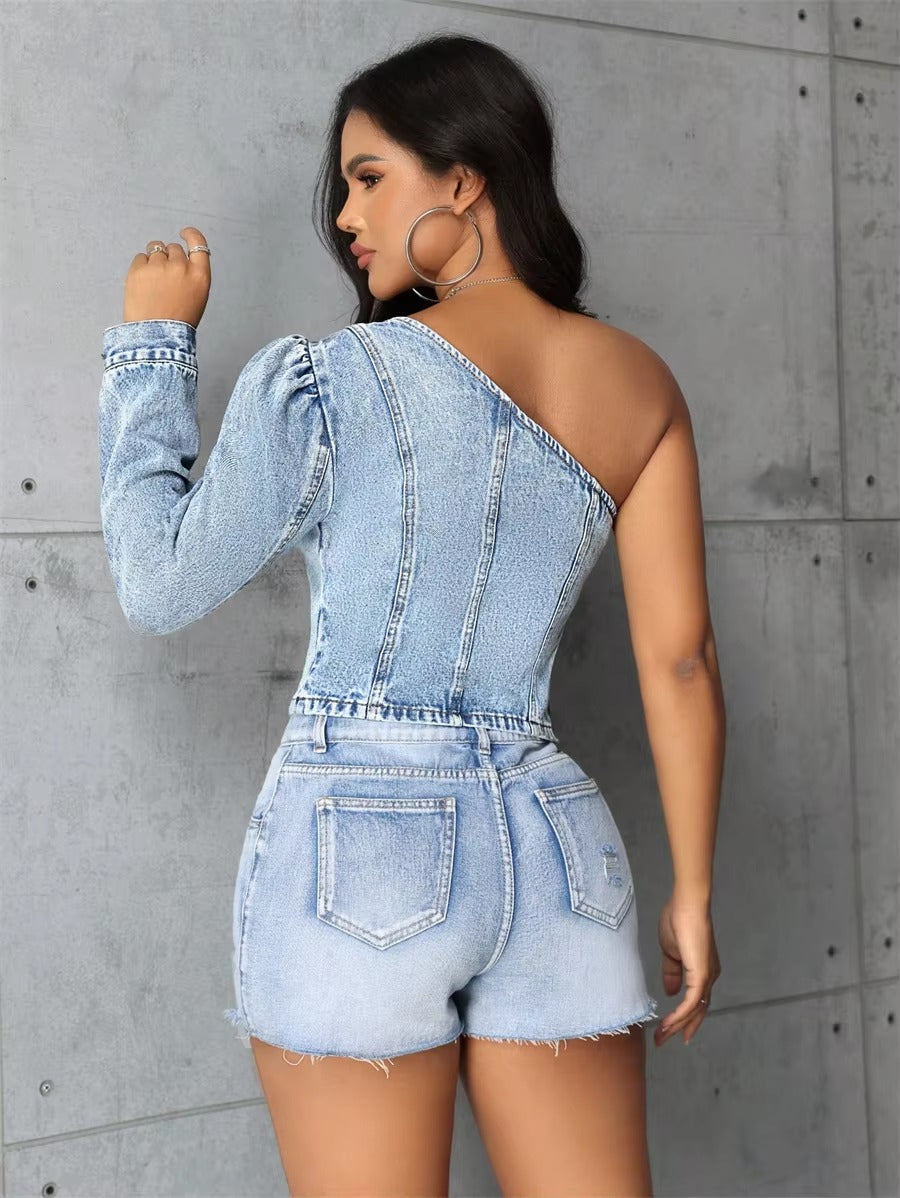 One Shoulder Long Sleeve Streetwear Party Side Zipper Jean Crop Denim Blouses Top Mssza