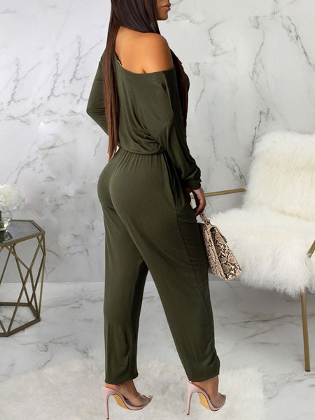 One-Shoulder Long Sleeves Pleated Stretch Polyester Harem One Piece Outfit Mssza