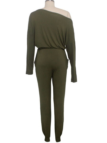 One-Shoulder Long Sleeves Pleated Stretch Polyester Harem One Piece Outfit Mssza