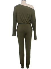 One-Shoulder Long Sleeves Pleated Stretch Polyester Harem One Piece Outfit Mssza