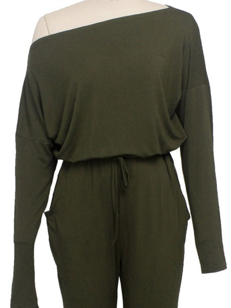 One-Shoulder Long Sleeves Pleated Stretch Polyester Harem One Piece Outfit Mssza