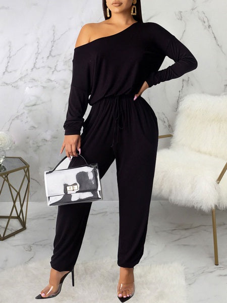 One-Shoulder Long Sleeves Pleated Stretch Polyester Harem One Piece Outfit Mssza