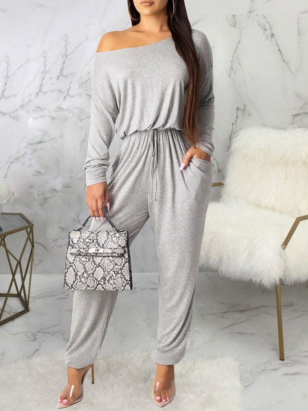 One-Shoulder Long Sleeves Pleated Stretch Polyester Harem One Piece Outfit Mssza