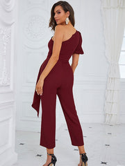 One Shoulder Short Sleeves Sash Polyester Playsuit Mssza