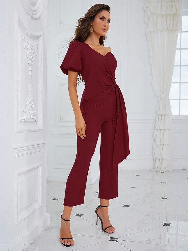 One Shoulder Short Sleeves Sash Polyester Playsuit Mssza