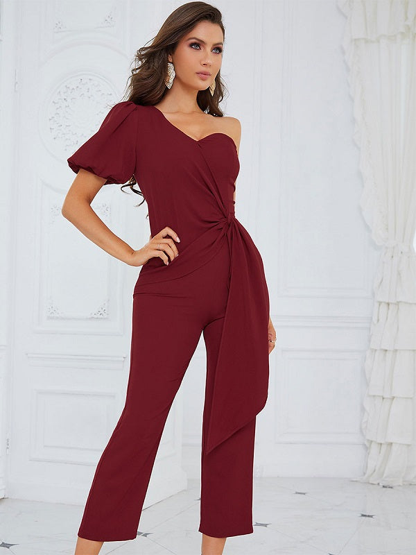 One Shoulder Short Sleeves Sash Polyester Playsuit Mssza