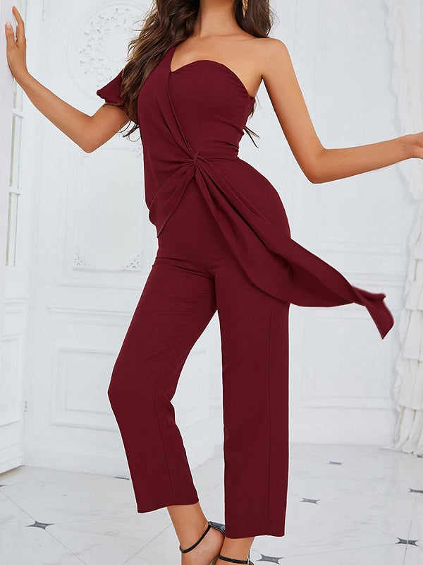 One Shoulder Short Sleeves Sash Polyester Playsuit Mssza