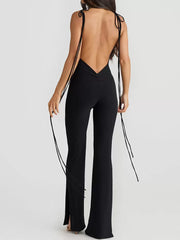 One-Shoulder Sleeveless Backless Lace Up Polyester Flared Jumpsuit Mssza