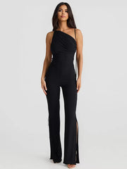 One-Shoulder Sleeveless Backless Lace Up Polyester Flared Jumpsuit Mssza