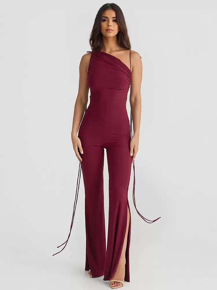 One-Shoulder Sleeveless Backless Lace Up Polyester Flared Jumpsuit Mssza