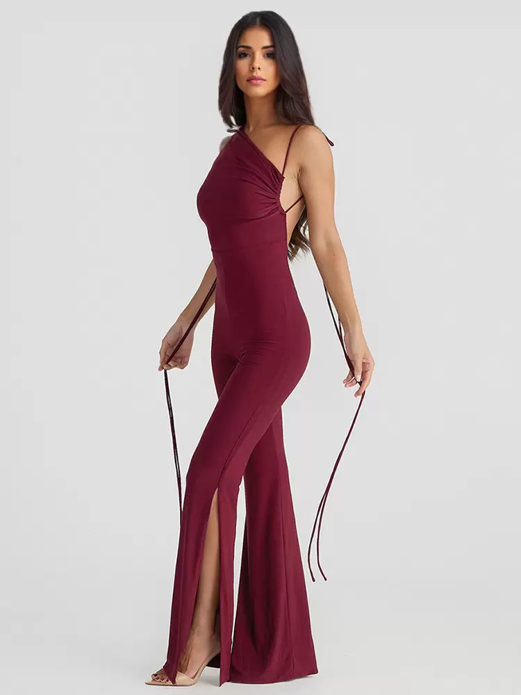 One-Shoulder Sleeveless Backless Lace Up Polyester Flared Jumpsuit Mssza