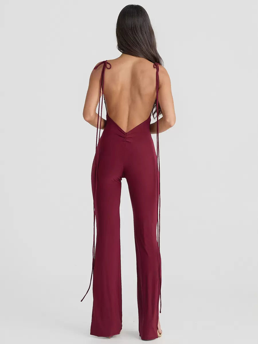 One-Shoulder Sleeveless Backless Lace Up Polyester Flared Jumpsuit Mssza