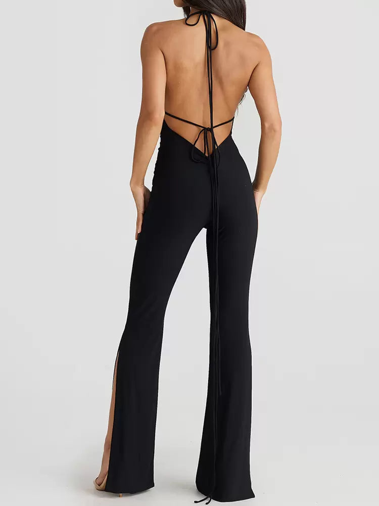 One-Shoulder Sleeveless Backless Lace Up Polyester Flared Jumpsuit Mssza