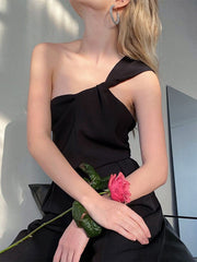 One-Shoulder Sleeveless Pleated Polyester Top Mssza