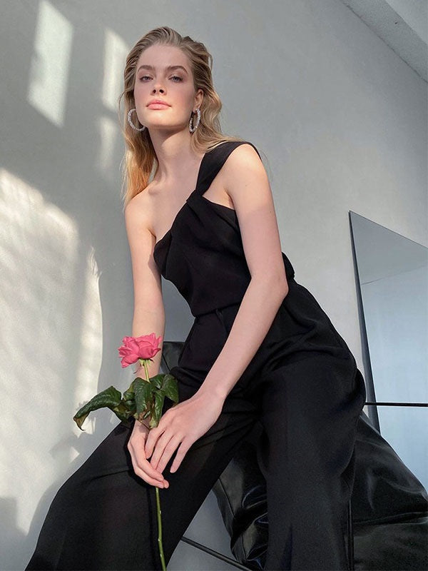 One-Shoulder Sleeveless Pleated Polyester Top Mssza