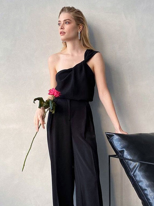 One-Shoulder Sleeveless Pleated Polyester Top Mssza