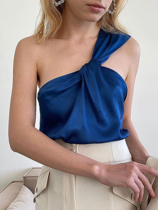 One-Shoulder Sleeveless Pleated Polyester Top Mssza