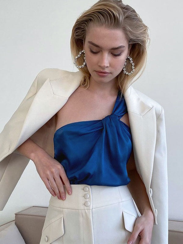 One-Shoulder Sleeveless Pleated Polyester Top Mssza