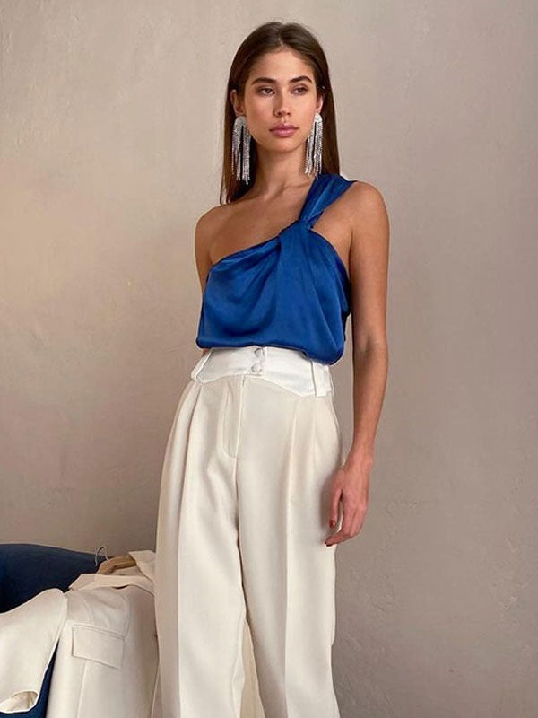 One-Shoulder Sleeveless Pleated Polyester Top Mssza