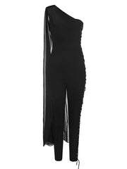 One Shoulder Train Lace Up Sleeveless Skinny Jumpsuit Mssza
